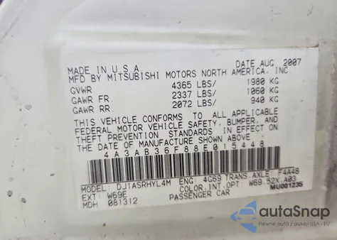 2008 Mitsubishi Galant Es из США, поврежденный, VIN 4A3AB36F88E015448